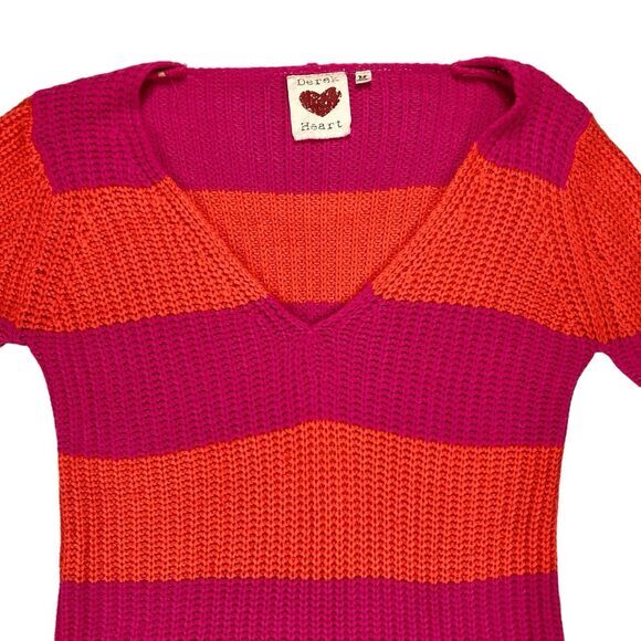 Derek Heart Sweater Women M Pink Orange Striped Chunky Knit V Cozy Neck Pullover - Picture 3 of 16